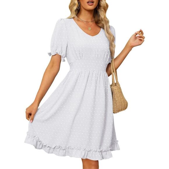 NEW White V Neck Short Sleeve Swiss Dot Mini Dress Pockets M - Picture 3 of 7